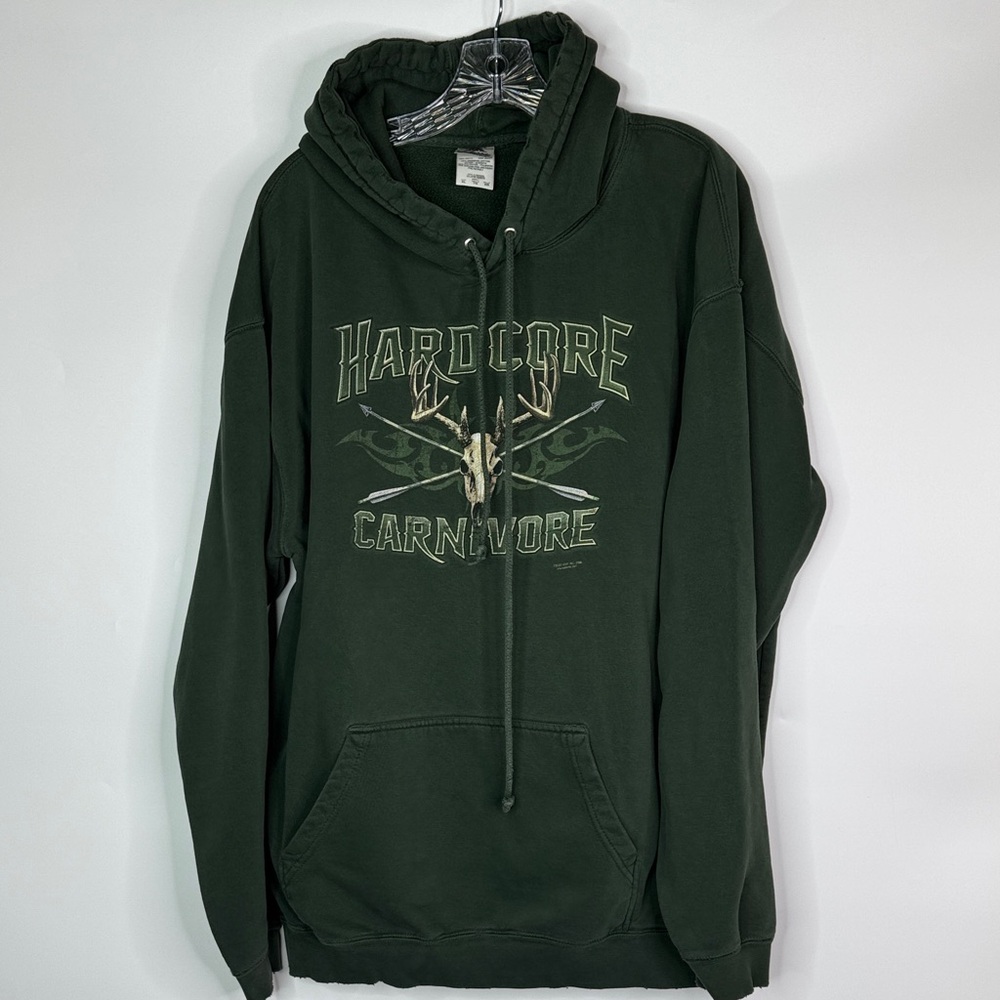 Vintage Hardcore Carnivore Deer Skull Green Hooded Sweatshirt Size XL